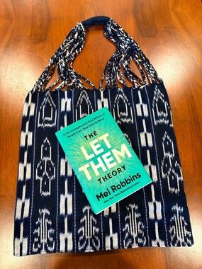 New! Book is new! Handwoven Navy and White  BOHO Bag with Braided Handles.